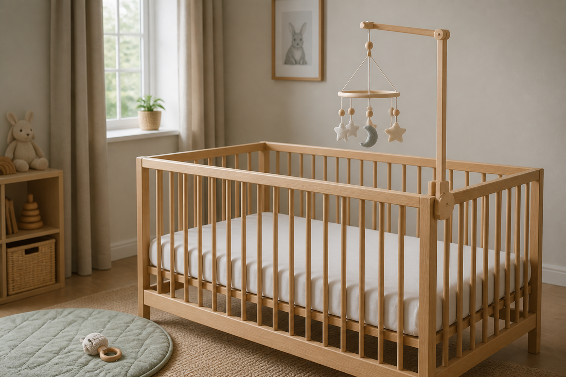 Soft modern UK nursery with a wooden cot mobile hanger holding simple hanging toys high above a clear cot mattress, with a separate baby rattle resting on a play mat beside the cot
