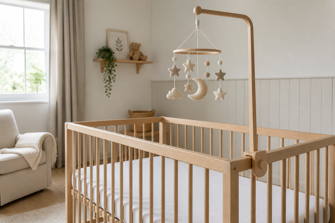 Diagonal view of a soft modern UK nursery with a wooden baby mobile hanger fixed securely to a light oak cot and a neutral felt mobile hanging high above a clear mattress