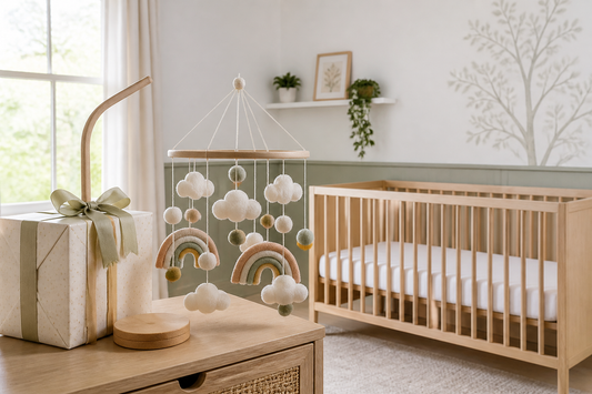 Wide view of a soft modern UK nursery with a wrapped gift box, rainbow-and-cloud cot mobile and wooden hanger beside a clear light oak cot