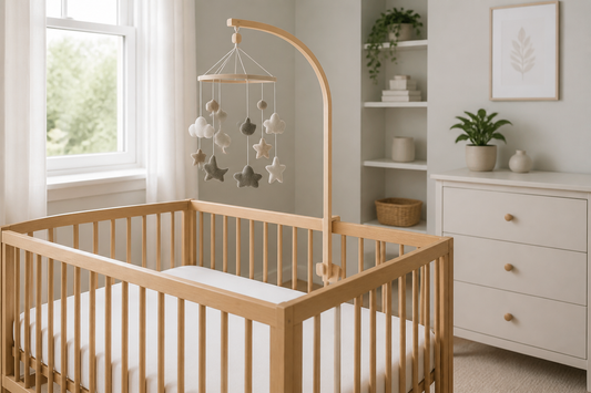 Three-quarter view of a light oak cot with a natural-wood mobile hanger secured to the rail and a neutral felt mobile hanging high above a clear mattress in a soft modern UK nursery