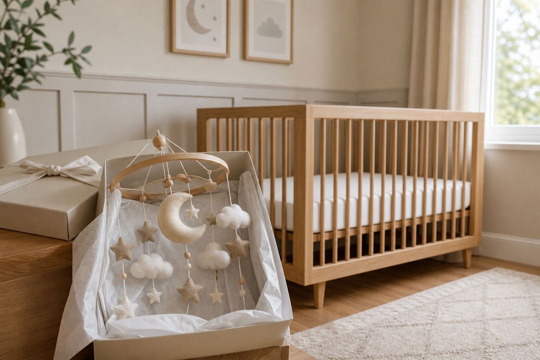 Diagonal view of a soft modern UK nursery with a wrapped cot mobile gift beside a light oak cot and a clear mattress