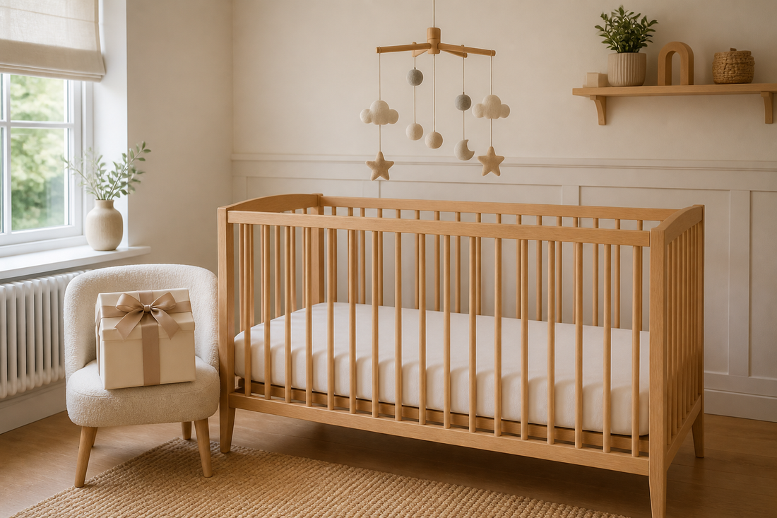 Straight-on nursery view with a wrapped cot mobile gift beside a light oak cot and a neutral felt mobile hanging high above a clear mattress in a soft modern UK nursery