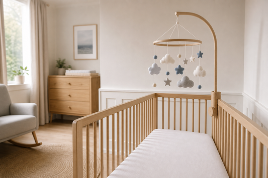 Diagonal view of a soft modern UK nursery with a light oak cot, wooden mobile hanger and a calm cream, grey and dusty blue cot mobile hanging high above a clear mattress