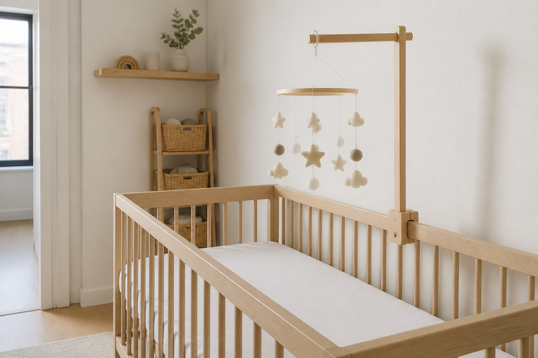 Three-quarter cot-side view in a compact UK flat with a pale oak cot, slim wooden mobile hanger and neutral felt mobile hanging high above a clear mattress