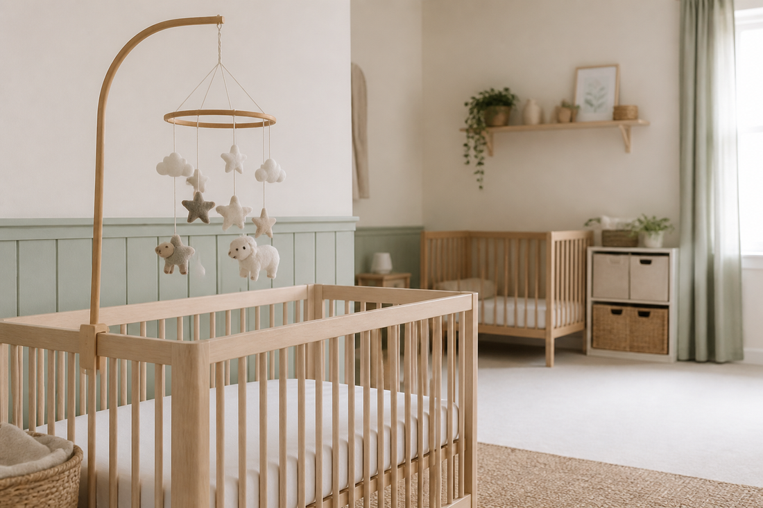 Wide shared nursery view with a pale oak cot, a neutral felt cot mobile hanging high above a clear mattress, and a second sleep zone softly visible in the background