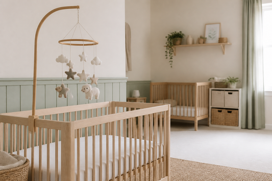 Wide shared nursery view with a pale oak cot, a neutral felt cot mobile hanging high above a clear mattress, and a second sleep zone softly visible in the background