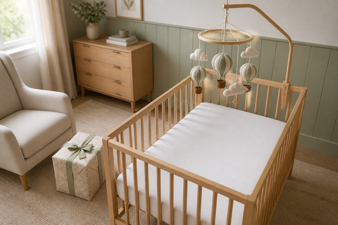 High-angle nursery view of a pale oak cot with a hot air balloon-style felt mobile hanging high above a clear white mattress and a wrapped grandparent gift box on a nearby chair