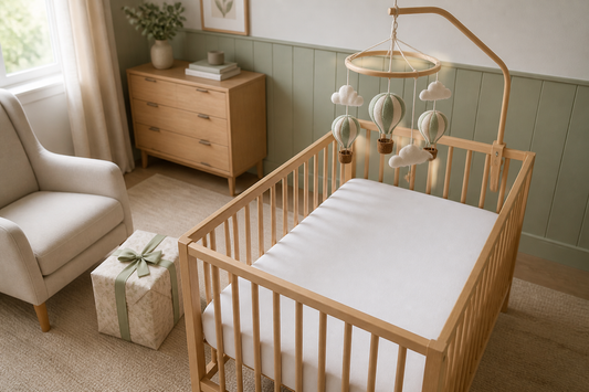 High-angle nursery view of a pale oak cot with a hot air balloon-style felt mobile hanging high above a clear white mattress and a wrapped grandparent gift box on a nearby chair