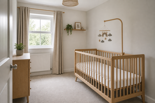 Wide view of a small modern UK nursery with a light oak cot, slim wooden mobile hanger and a soft neutral rainbow-and-cloud mobile hanging high above a clear mattress