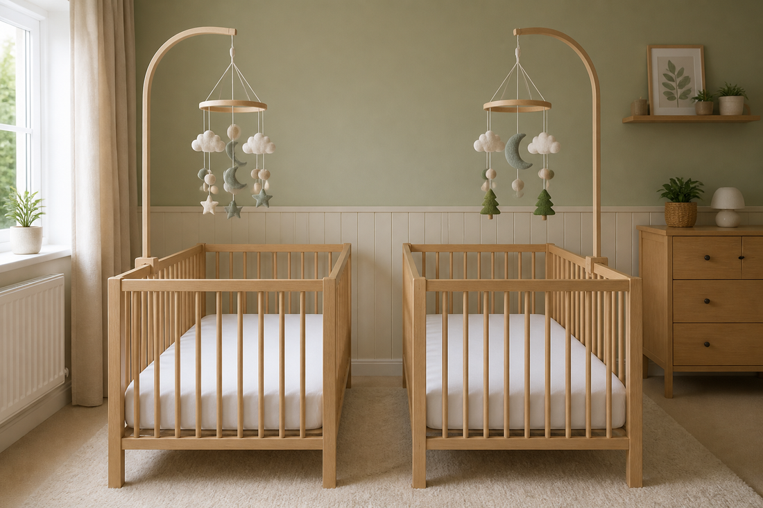 Straight-on twin nursery view with two pale oak cots and matching neutral felt cot mobiles hanging high above clear white mattresses in a soft modern UK nursery