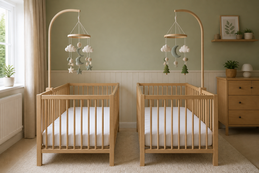 Straight-on twin nursery view with two pale oak cots and matching neutral felt cot mobiles hanging high above clear white mattresses in a soft modern UK nursery