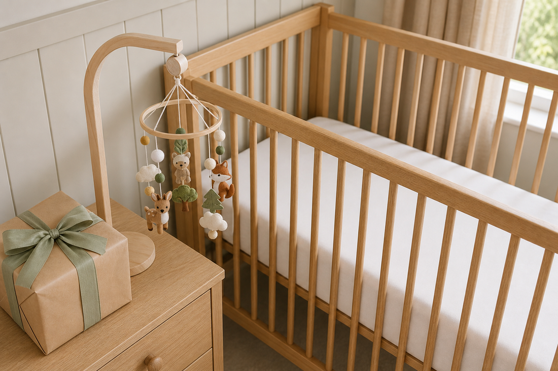 High-angle view of a soft modern UK nursery with a wrapped cot mobile gift and woodland felt mobile hanging from a wooden arm beside a clear light oak cot