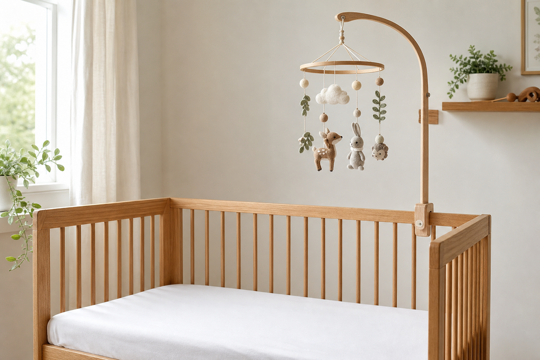 Straight-on cot-side view of a light oak cot with a securely fitted wooden mobile hanger and neutral felt mobile hanging high above a clear sleep space in a modern UK nursery