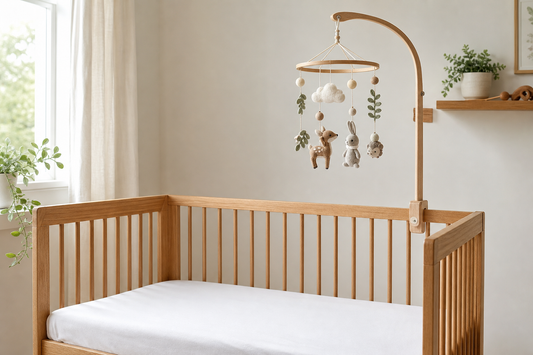 Straight-on cot-side view of a light oak cot with a securely fitted wooden mobile hanger and neutral felt mobile hanging high above a clear sleep space in a modern UK nursery