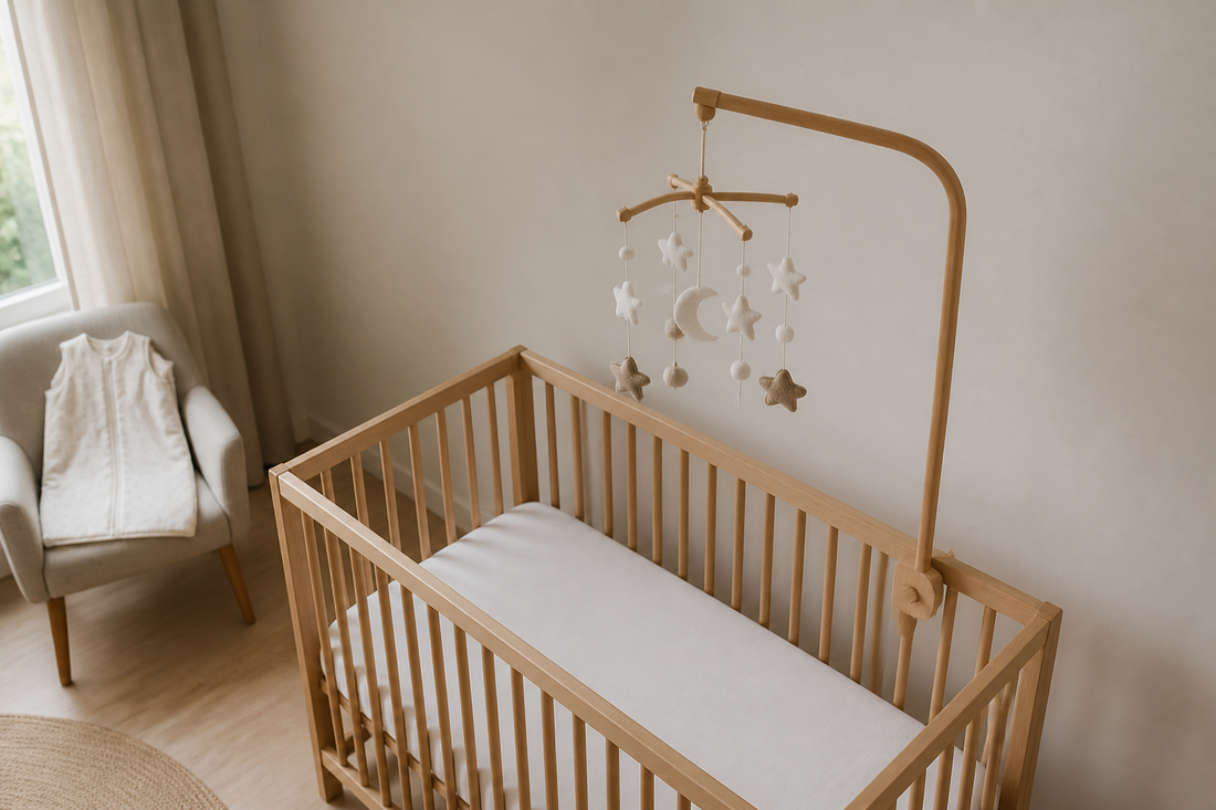 High-angle editorial view of a light oak cot with a wooden mobile hanger and simple neutral felt cot mobile hanging high above a clear white mattress in a calm modern UK nursery