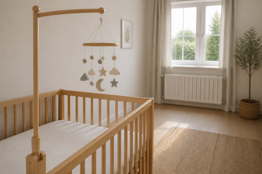 Detail-led view of a wooden cot mobile hanger on a light oak cot with a neutral felt mobile hanging high above a clear mattress, while a wall radiator sits well away in the softly blurred background of a modern UK nursery