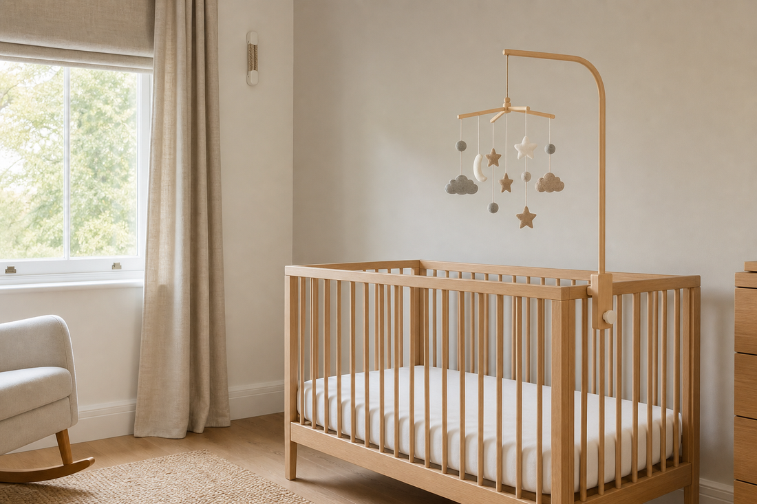 Wide nursery view with a light oak cot set safely away from a bright window, blind cords secured high, and a wooden mobile hanger holding a simple felt mobile above a clear mattress