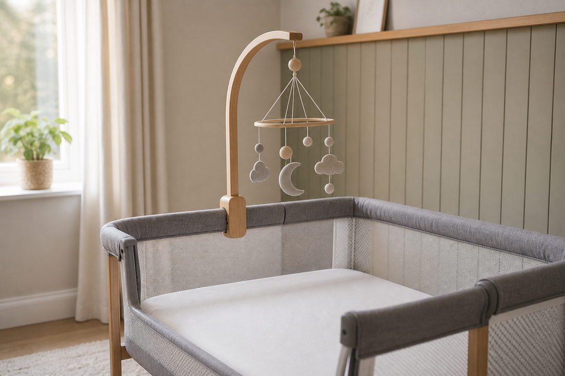 Detail-led view of a mesh-sided next-to-me crib with a securely fitted wooden mobile hanger and a neutral felt mobile hanging high above a clear sleep space