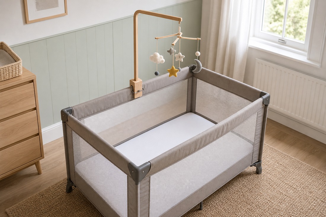 High-angle view of a compact travel cot with mesh sides and a wooden mobile hanger mounted securely to a rigid top rail above a completely clear mattress in a soft modern UK nursery
