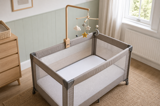 High-angle view of a compact travel cot with mesh sides and a wooden mobile hanger mounted securely to a rigid top rail above a completely clear mattress in a soft modern UK nursery