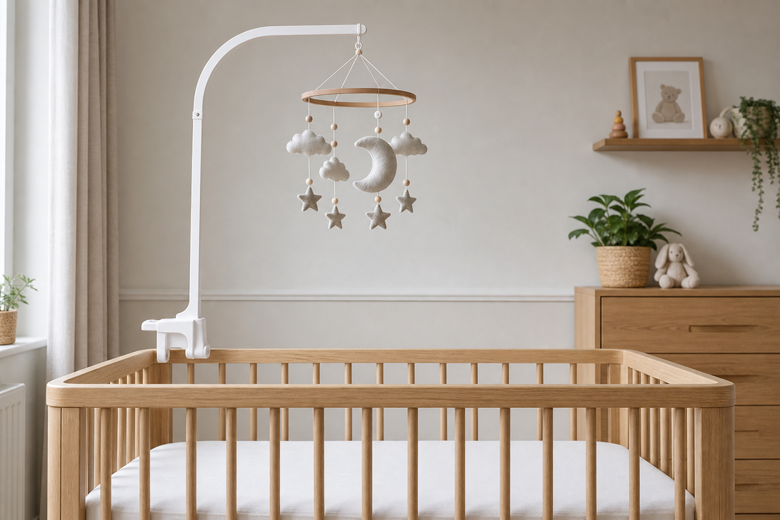 Straight-on cot-side view of a light oak cot with a securely fitted white wooden mobile hanger and a neutral moon-and-cloud felt mobile hanging high above a clear sleep space in a soft modern nursery