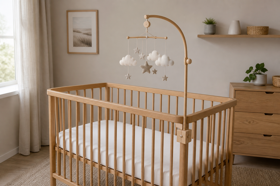 Wide view of a soft modern UK nursery with a wooden cot mobile arm securely clamped to a light oak cot and a neutral felt mobile hanging high above a clear mattress