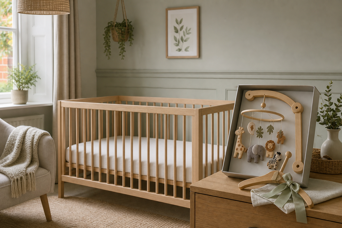 Wide view of a soft modern UK nursery with a light oak cot and a giftable wooden cot mobile and hanger styled on a dresser beside it