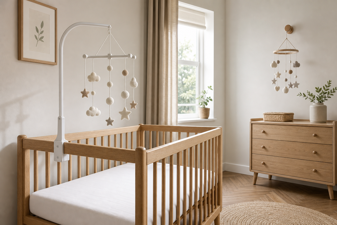 Soft modern UK nursery with a light oak cot and secure white cot mobile hanger holding a neutral felt mobile above a clear mattress, plus a separate decorative wall hook display above a dresser well away from the cot