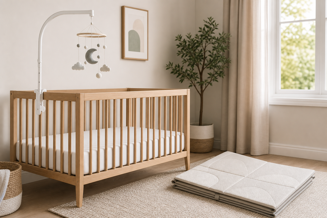 Soft modern UK nursery with a light oak cot, a secure white wooden mobile hanger with a neutral felt cot mobile hanging high above a clear mattress, and a neatly folded neutral play mat nearby
