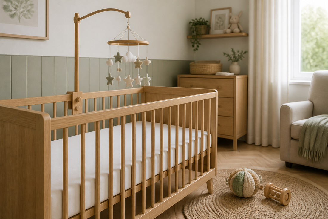 Diagonal view of a soft modern UK nursery with a wooden cot and neutral felt mobile hanging high above a clear mattress, with a soft toy and wooden rattle placed on a play mat well outside the cot