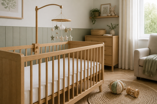 Diagonal view of a soft modern UK nursery with a wooden cot and neutral felt mobile hanging high above a clear mattress, with a soft toy and wooden rattle placed on a play mat well outside the cot