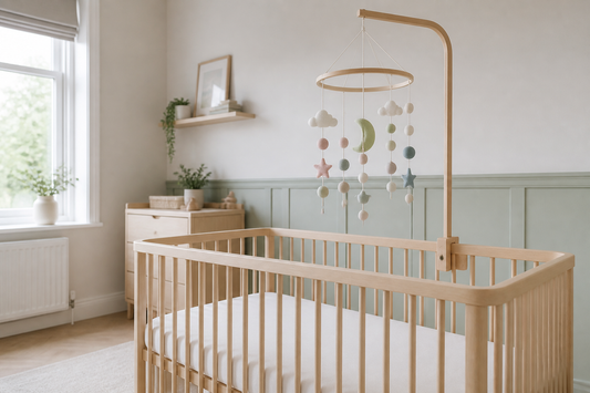 Wide soft modern UK nursery view with a light oak cot and wooden mobile hanger holding a pastel felt cot mobile in blush, sage and cream high above a clear white mattress