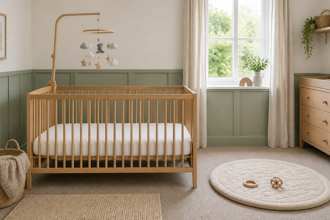 Straight-on nursery view with a light oak cot, a wooden mobile hanger and neutral felt cot mobile hanging high above a clear mattress, with a separate tummy-time mat and two simple toys on the floor beside the cot
