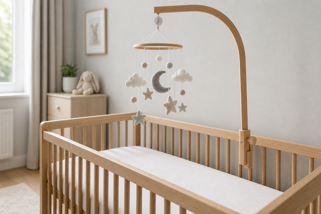 Three-quarter cot-side view of a light oak cot with a secure wooden mobile hanger and a neutral felt cot mobile hanging high above a clear sleep space