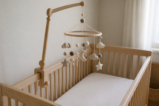Detail-led view of a wooden cot mobile hanger and neutral felt mobile hanging high above a clear light oak cot in a soft modern UK nursery