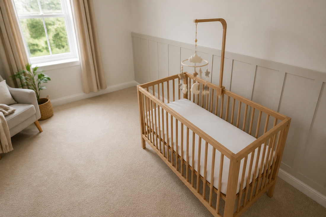 High-angle view of a soft modern UK nursery with a light oak cot placed away from the window, a wooden mobile hanger holding a neutral felt mobile high above a clear mattress, and blind cords secured well out of reach