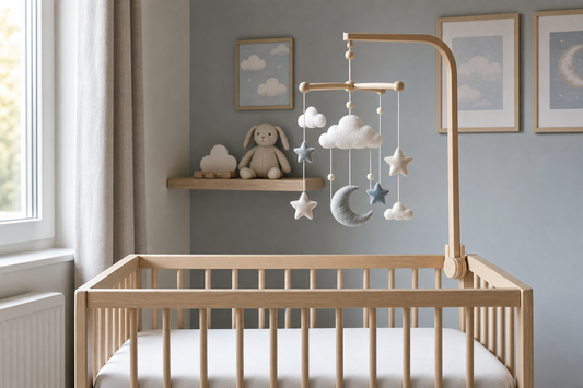 Straight-on view of a light oak cot with a natural-wood hanger and a cloud, moon and star felt cot mobile hanging high above a clear mattress in a soft blue-grey UK nursery
