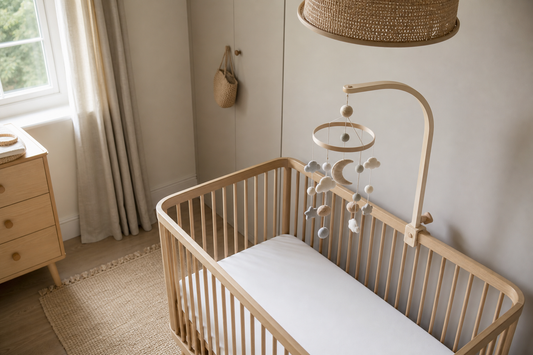 High-angle view of a soft modern UK nursery with a light oak cot, pale wood mobile hanger and a neutral felt cot mobile hanging high above a clear mattress