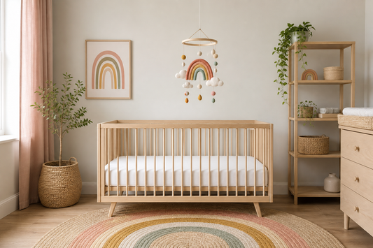 Wide view of a light oak cot beneath a muted rainbow felt mobile in a soft modern UK nursery with a clear mattress
