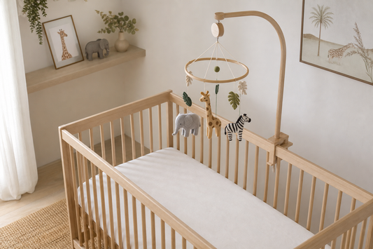 High-angle view of a light oak cot beneath a muted safari animal mobile in a soft sand-and-olive UK nursery with a clear mattress
