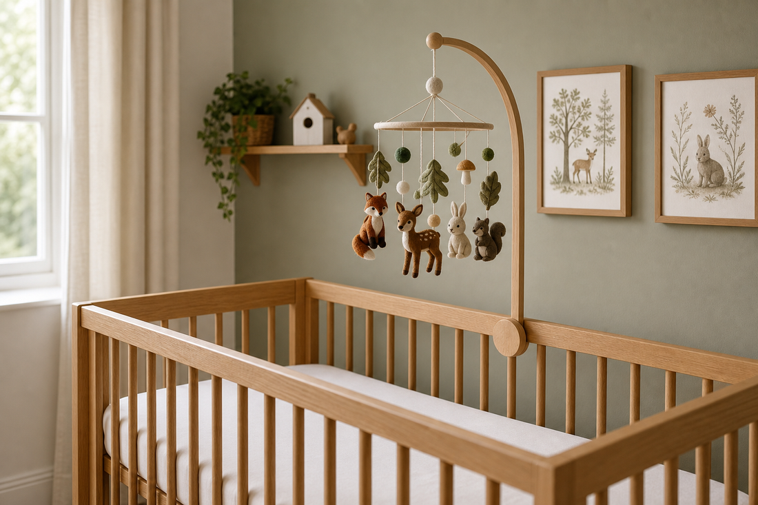 Three-quarter view of a light oak cot with an arched wooden mobile hanger and a woodland-themed felt cot mobile hanging high above a clear mattress in a soft modern UK nursery