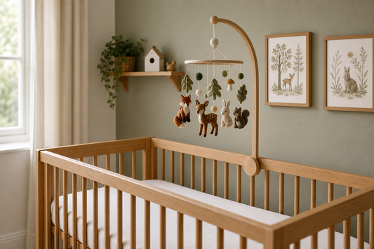 Three-quarter view of a light oak cot with an arched wooden mobile hanger and a woodland-themed felt cot mobile hanging high above a clear mattress in a soft modern UK nursery