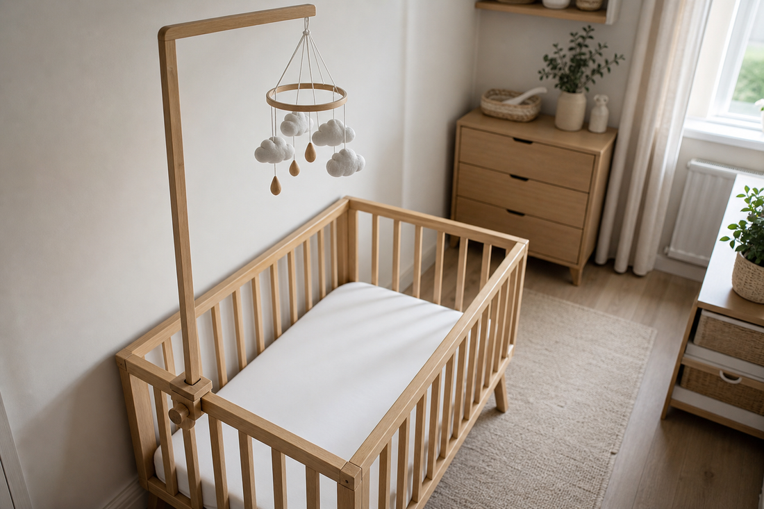 High-angle view of a small modern UK nursery with a slim wooden cot mobile hanger secured to a light oak cot rail and a simple cloud mobile hanging high above a clear mattress