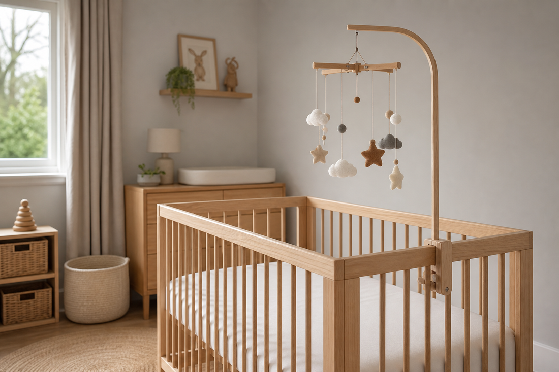 Wide view of a light oak cot with a natural-wood mobile hanger clamped securely to a wooden cot rail and a neutral felt mobile hanging high above a clear mattress in a modern UK nursery