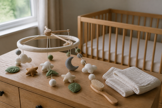 Three-quarter nursery-care view of a felt cot mobile laid on a clean light oak dresser beside a soft brush and folded muslin, with a clear cot in the background of a soft modern UK nursery