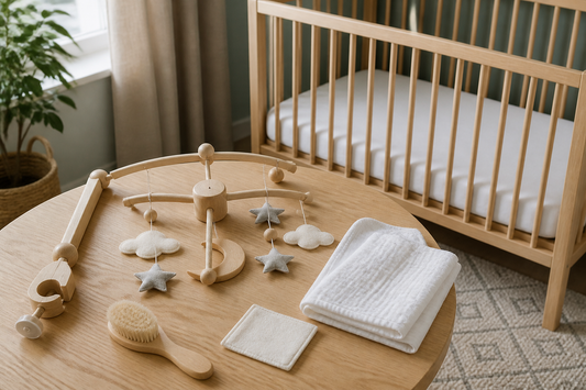 Overhead nursery-care view of a wooden cot mobile laid on a pale oak table beside a soft brush and folded muslin, with a clear cot softly blurred in the background of a modern UK nursery