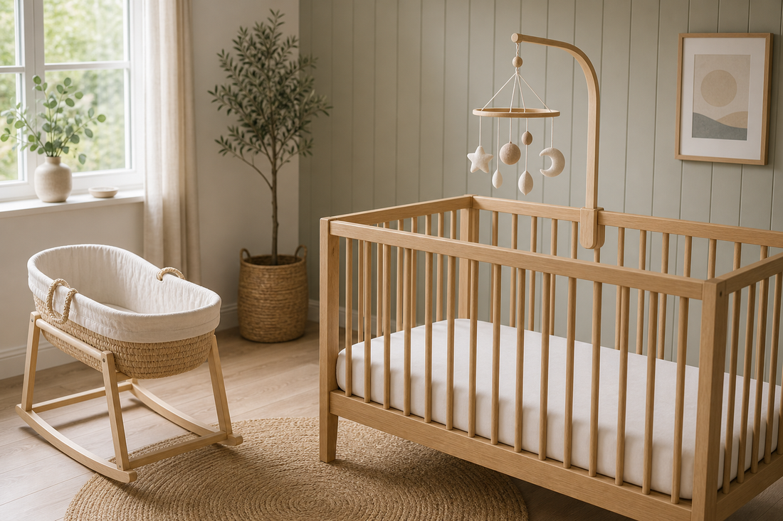Diagonal nursery view with a wooden cot-side hanger and neutral cot mobile above a clear light oak cot beside a woven Moses basket in matching natural tones