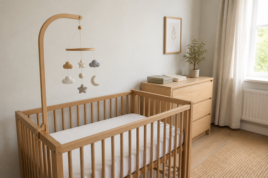 Diagonal nursery view with a light oak cot, wooden mobile hanger and neutral felt cot mobile hanging high above a clear white mattress beside a natural wood dresser in a soft modern UK nursery