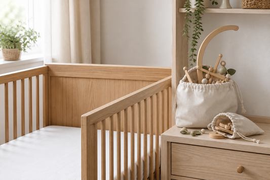 Soft modern UK nursery with a clear wooden cot and a cot mobile stored neatly in a breathable cotton bag on a nursery shelf beside the cot