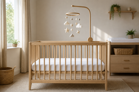 Wide cot-foot nursery view with a securely fitted wooden mobile hanger and neutral felt mobile hanging high above a clear light oak cot in a soft modern UK nursery